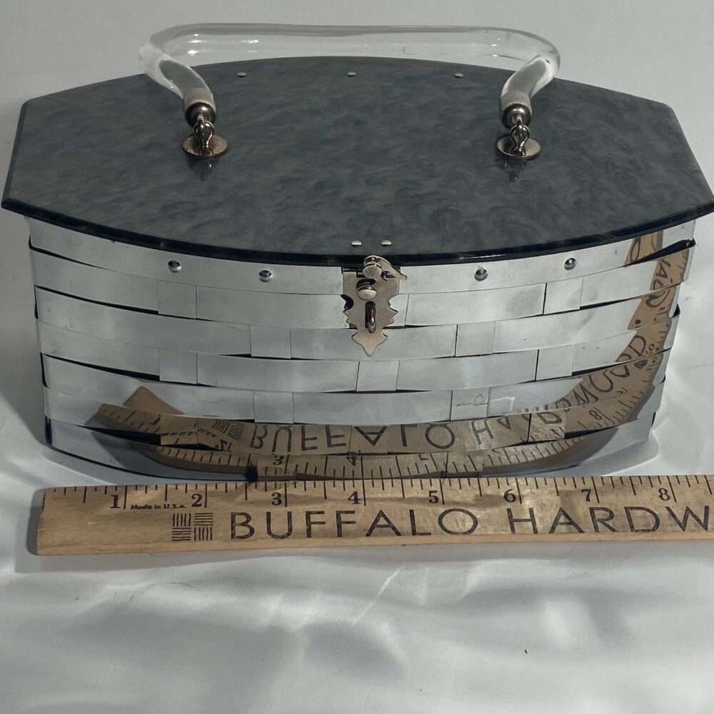 1950s Dorset Rex Silver Metal Rectangular Box Purse With Lucite Top & Handle